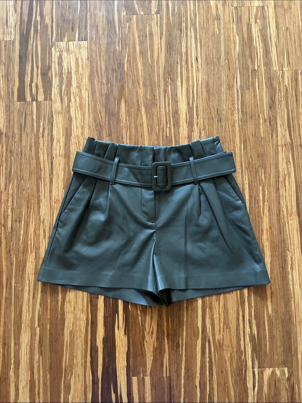 Express High-Waist Faux Leather Shorts with Belt in Forest Green
